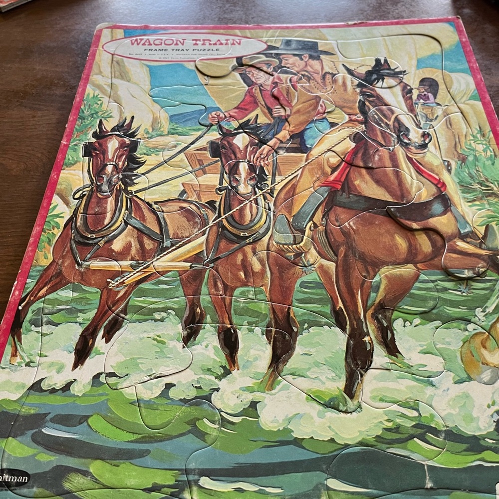 Wagon Train Frame Tray Puzzle with Red and Green Accents